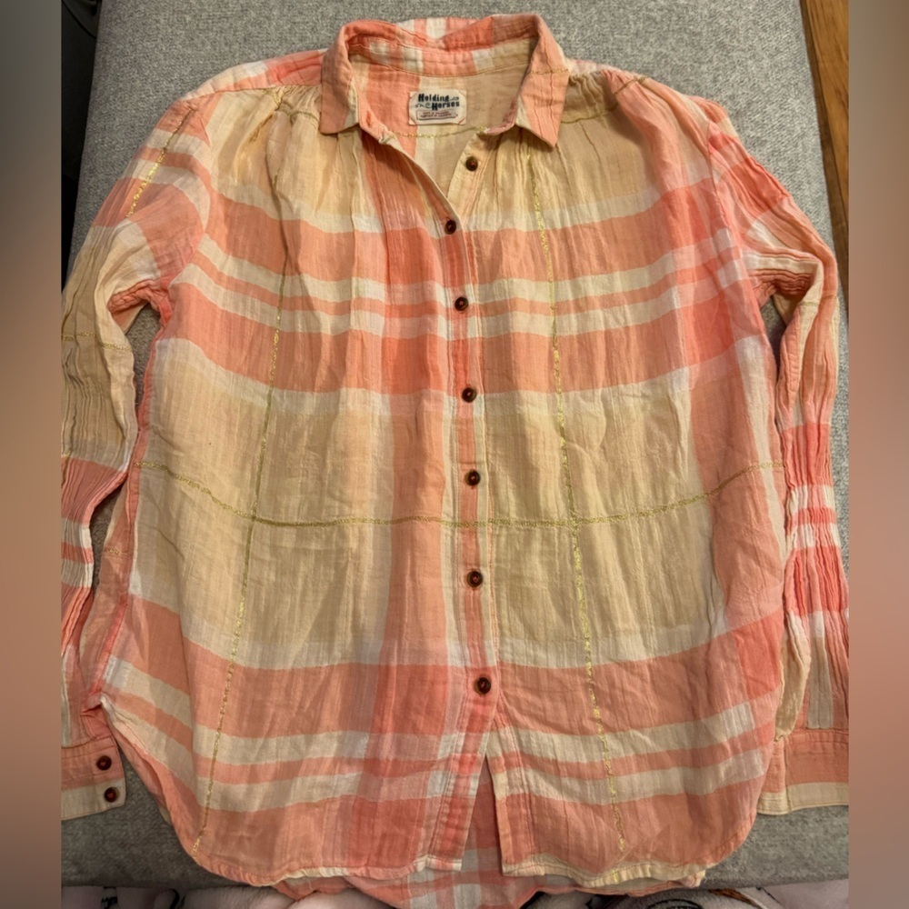 Vintage Anthropologie Holding Horses Peach Plaid Shirt, size 0